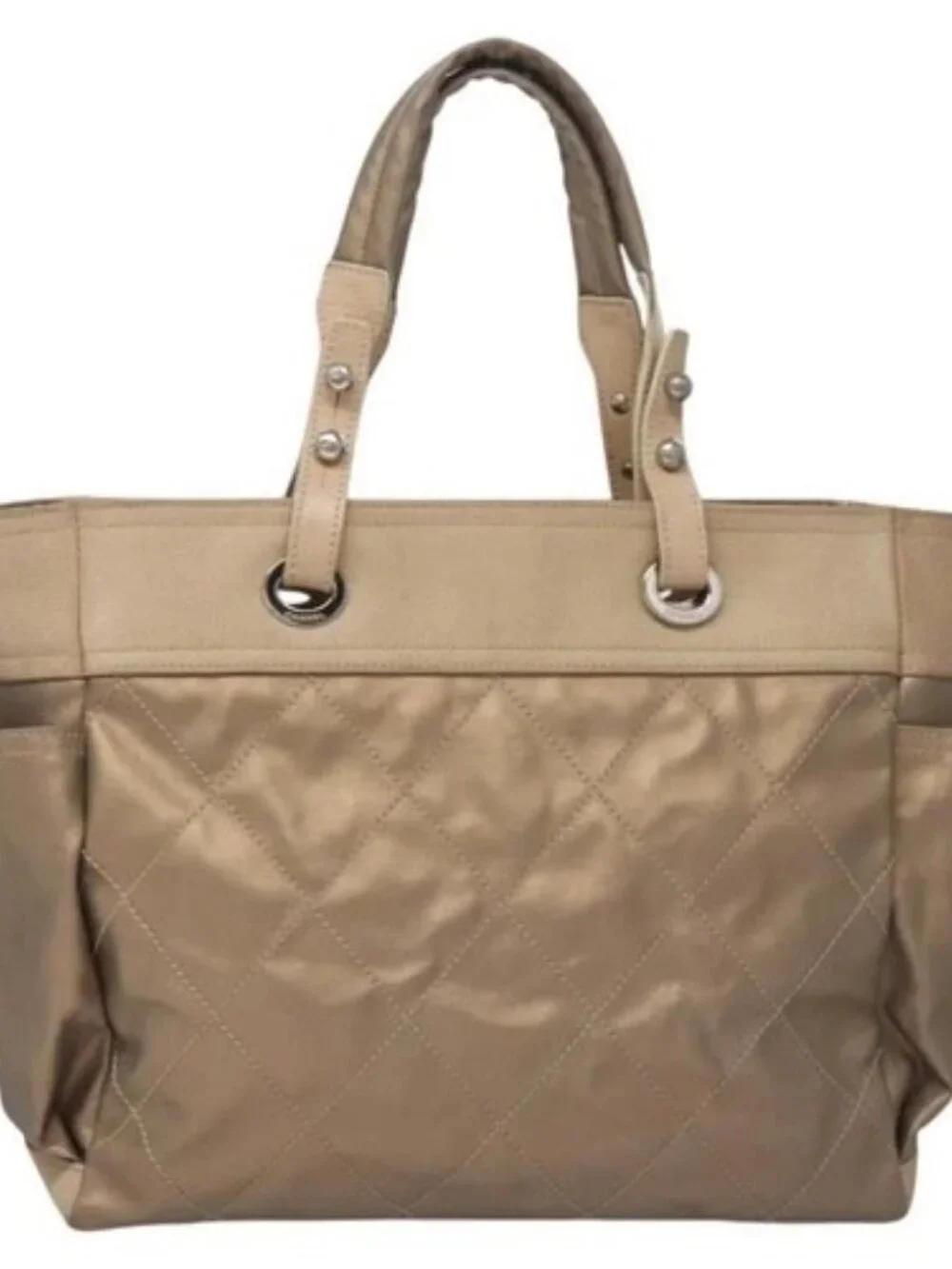 CHANEL Paris Biarritz MM Tote Bag Coated Canvas Gold Tone Silver CC Auth ac3593